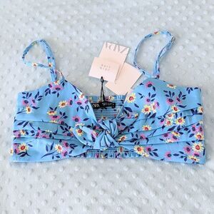 New ZARA Blue floral crop top bra smocked back adjustable straps sz Large C5